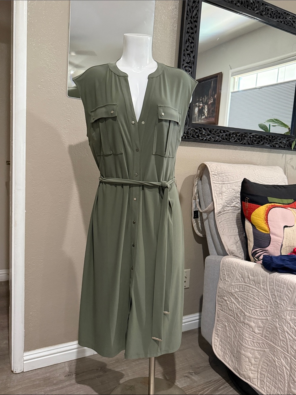 White House Black Market Olive Green Sleeveless Shirt Dress with Waist Tie